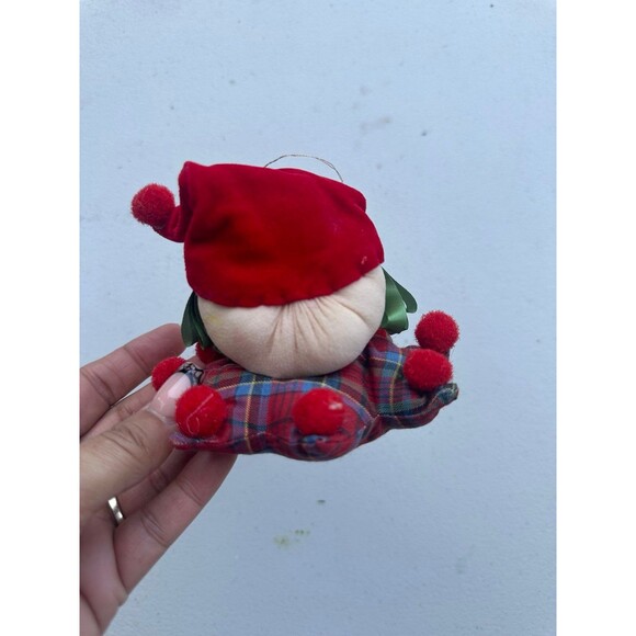 Vintage Nylon Stocking Elf Face Ribbon Hair Plaid Pillow Body Christmas Ornament - Picture 3 of 4